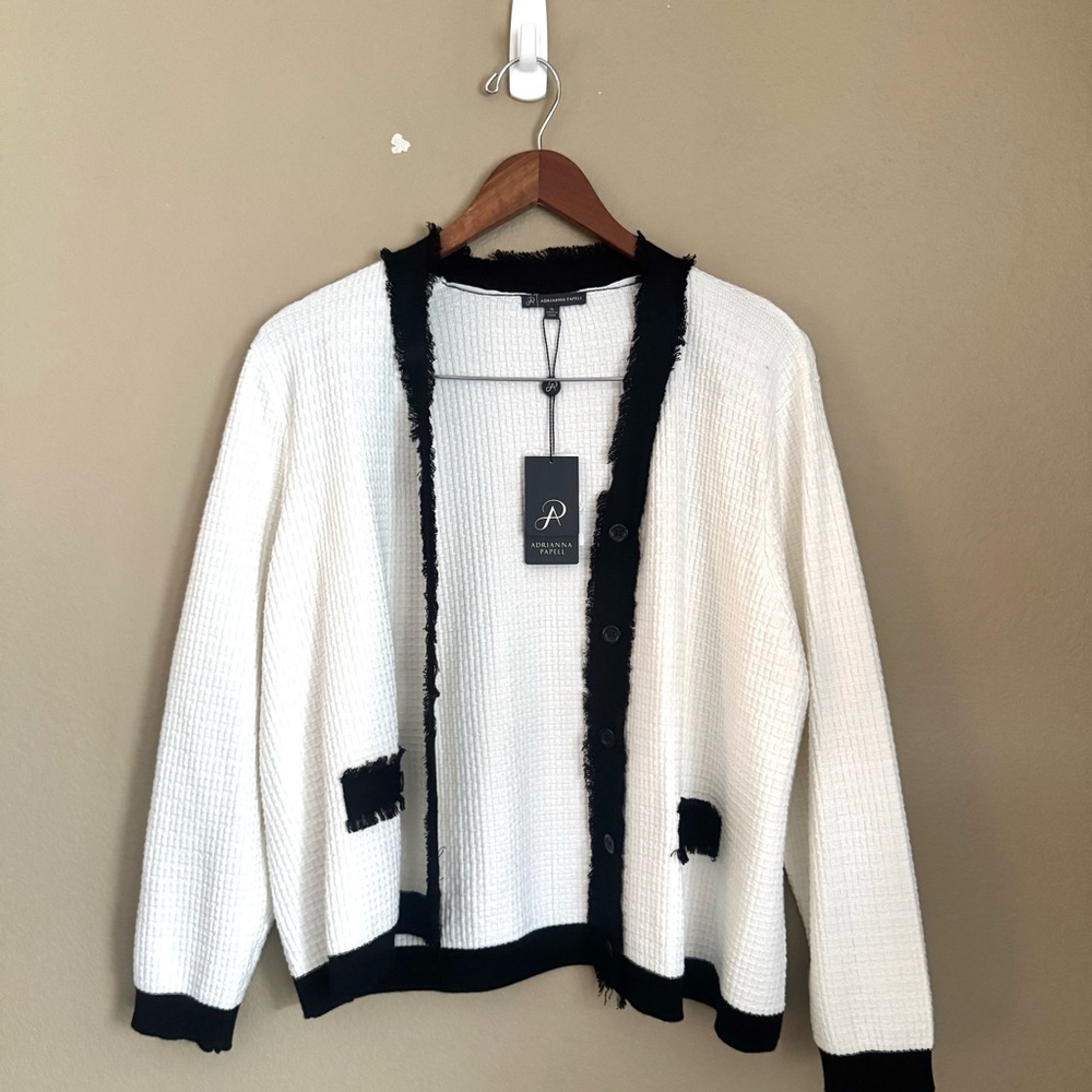 Adrianna Papell Frayed Edge Button Front Colorblock Cardigan Cream XL NWT - Picture 2 of 6
